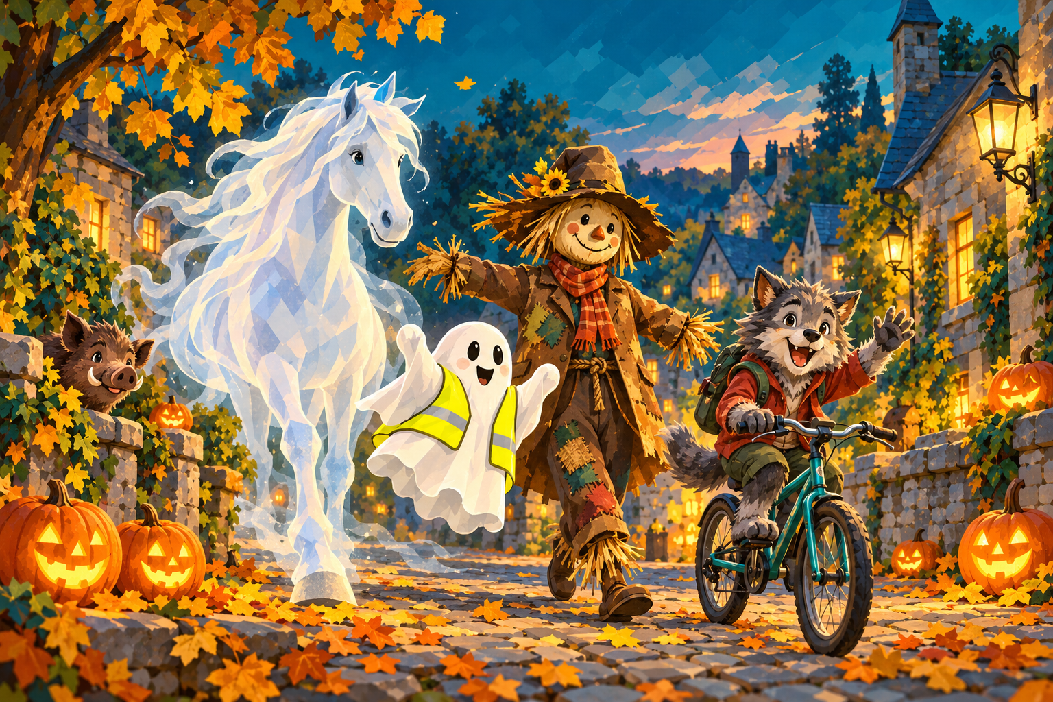 Brume le cheval fantôme, Gaspard au gilet jaune, Épouvantin et un loup-garou à vélo, entourés de citrouilles