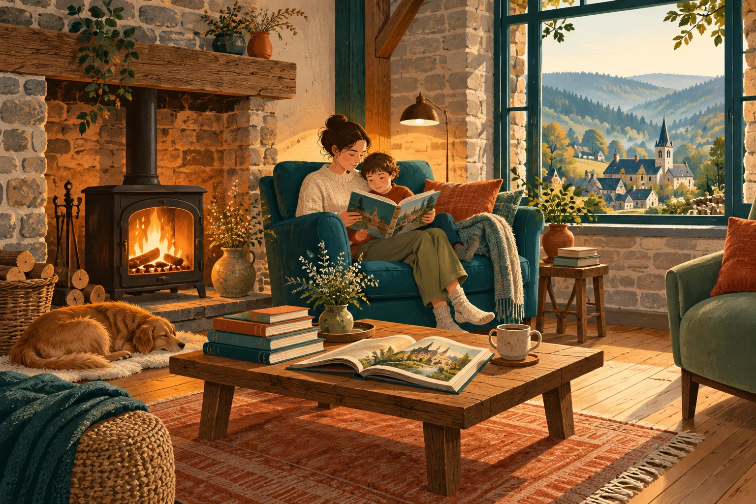 Illustration d’un parent et d’un enfant lisant ensemble au coin du feu, entourés de livres dans une maison de village